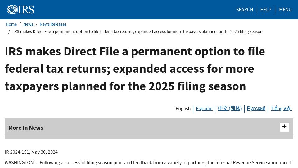 Screenshot of irs.gov: IRS makes Direct File a permanent option to file federal tax returns