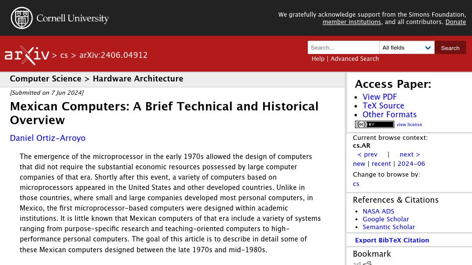 Screenshot of arxiv.org: Mexican Computers: A Brief Technical and Historical Overview
