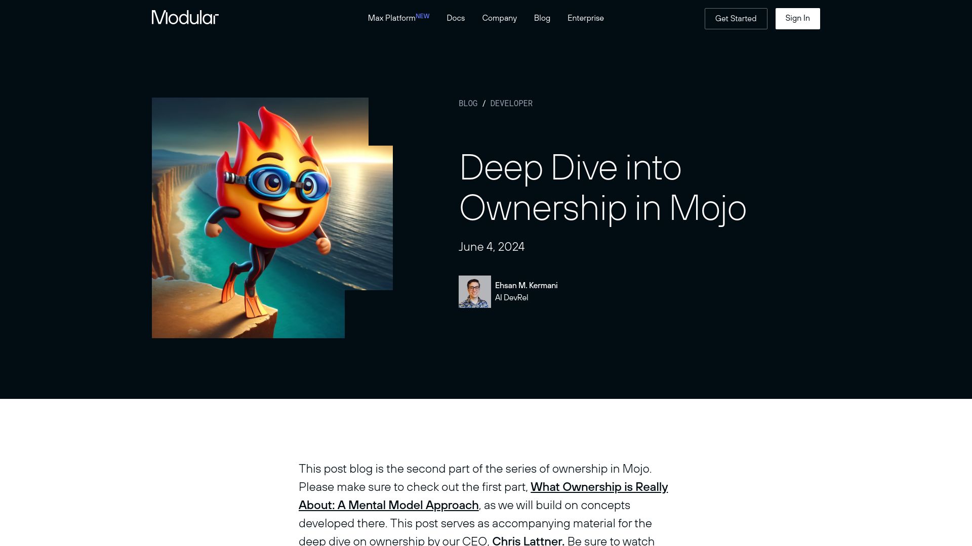 Screenshot of modular.com: Deep Dive into Ownership in Mojo