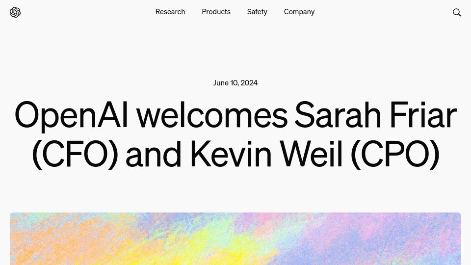 Screenshot of openai.com: OpenAI Welcomes Sarah Friar (CFO) and Kevin Weil (CPO)