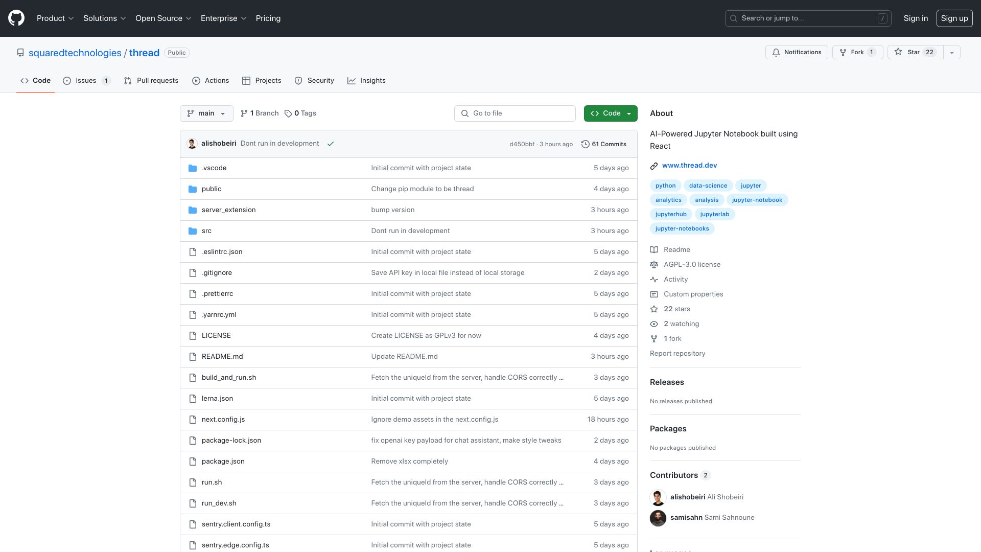 Screenshot of github.com: Show HN: Thread – AI-powered Jupyter Notebook built using React