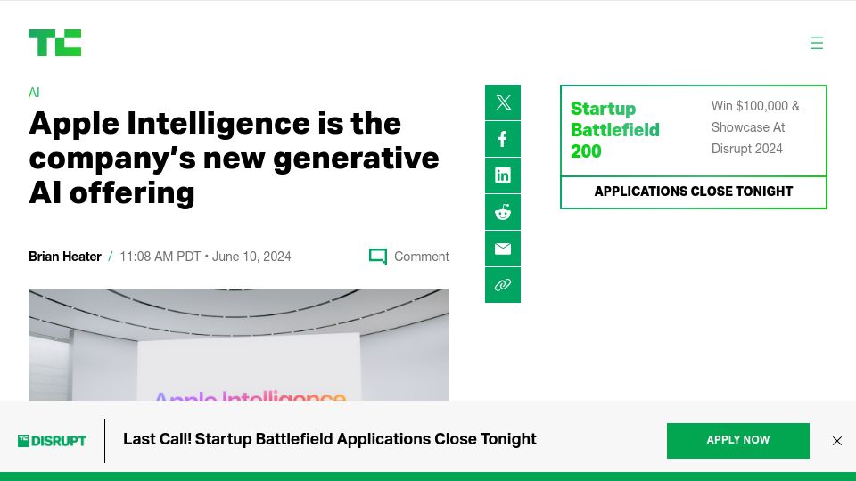 Screenshot of techcrunch.com: Apple announces Apple Intelligence for iOS, iPad, and Mac