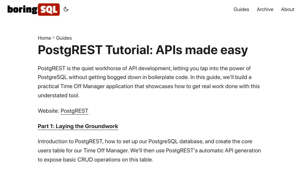 Screenshot of notso.boringsql.com: PostgREST Tutorial: APIs made easy
