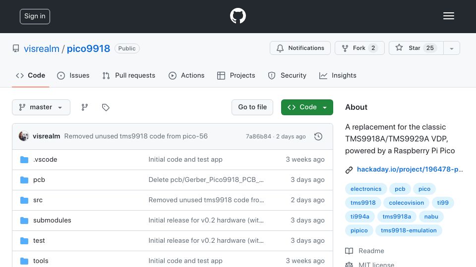 Screenshot of github.com: pico9918: A replacement TMS9918A/TMS9929A VDP using a Raspberry Pi Pico