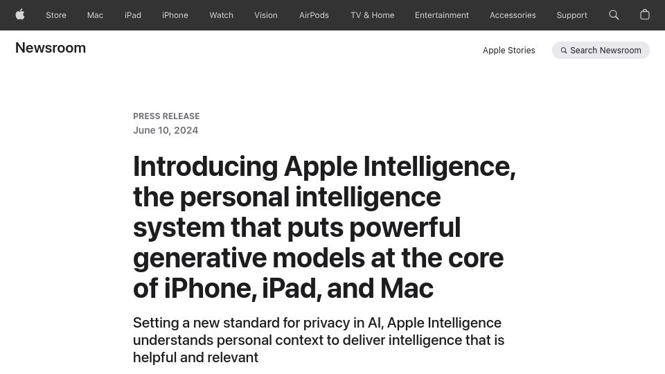 Screenshot of apple.com: Apple Intelligence for iPhone, iPad, and Mac