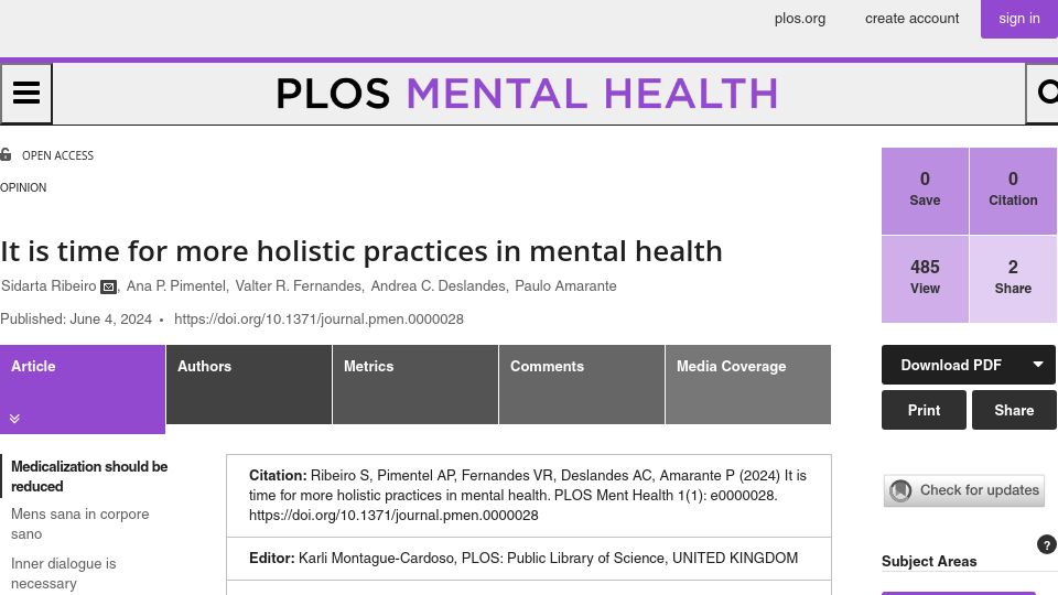 Screenshot of journals.plos.org: It is time for more holistic practices in mental health