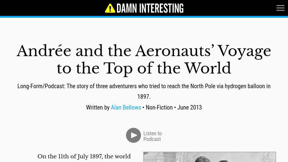 Screenshot of damninteresting.com: Andrée and the Aeronauts' Voyage to the Top of the World (2013)