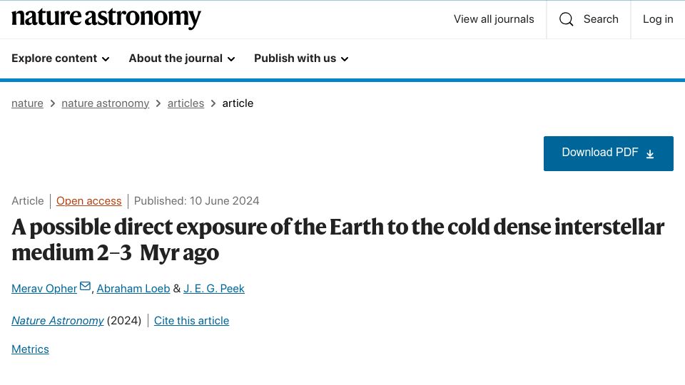 Screenshot of nature.com: Possible exposure of Earth to dense interstellar medium 2-3M years ago