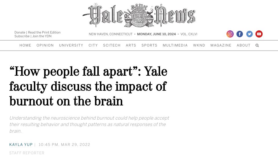 Screenshot of yaledailynews.com: Understanding the neuroscience behind burnout (2022)