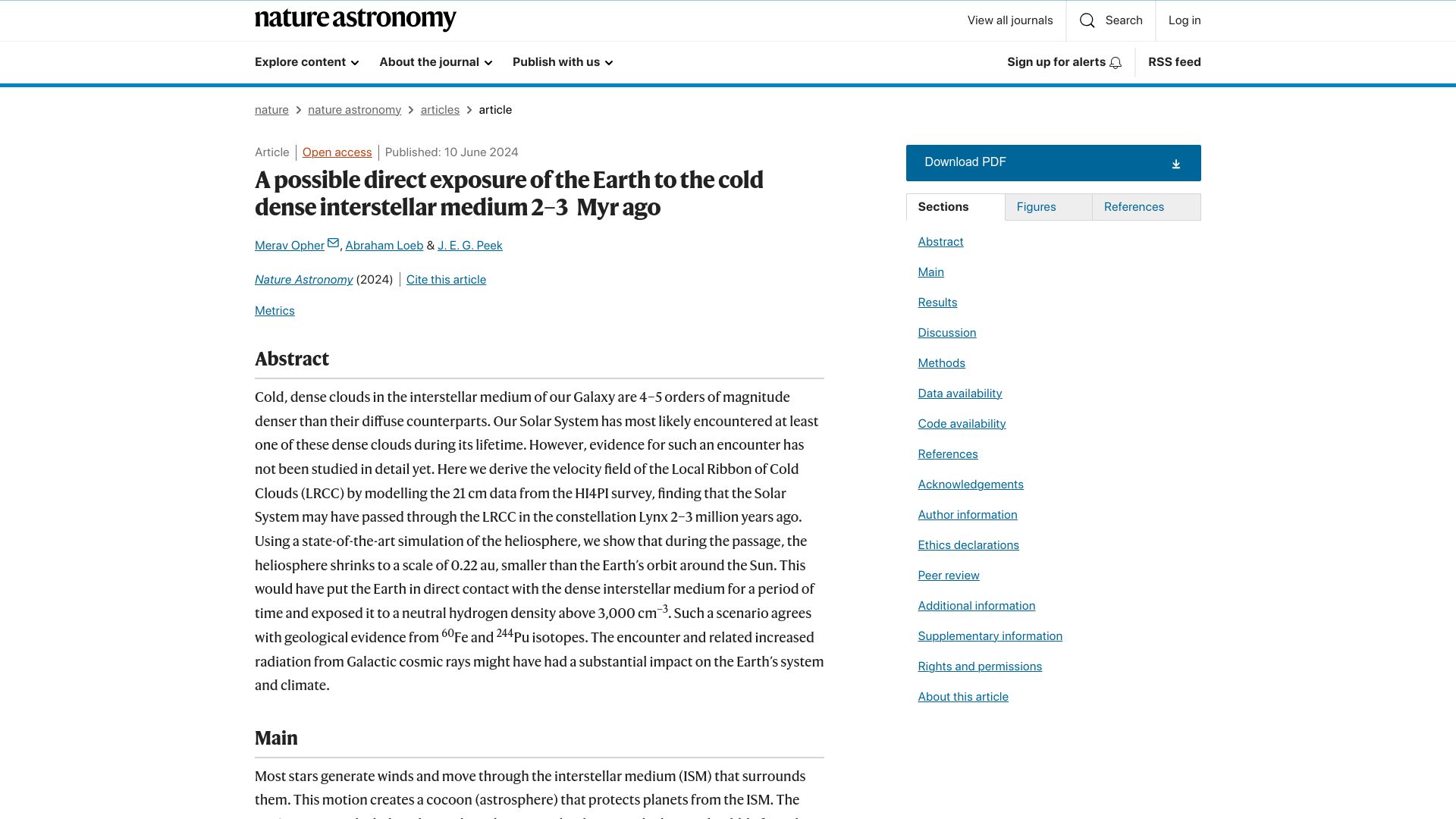 Screenshot of nature.com: Possible exposure of Earth to dense interstellar medium 2-3M years ago