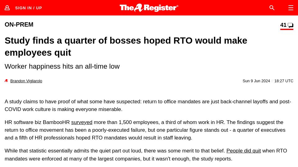 Screenshot of theregister.com: Study finds a quarter of bosses hoped RTO would make employees quit