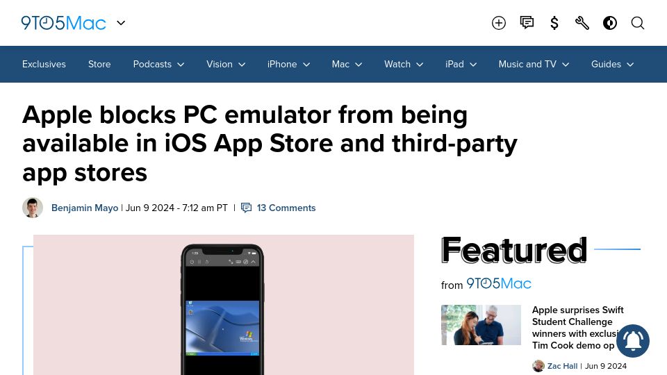 Screenshot of 9to5mac.com: Apple blocks PC emulator in iOS App Store and third-party app stores
