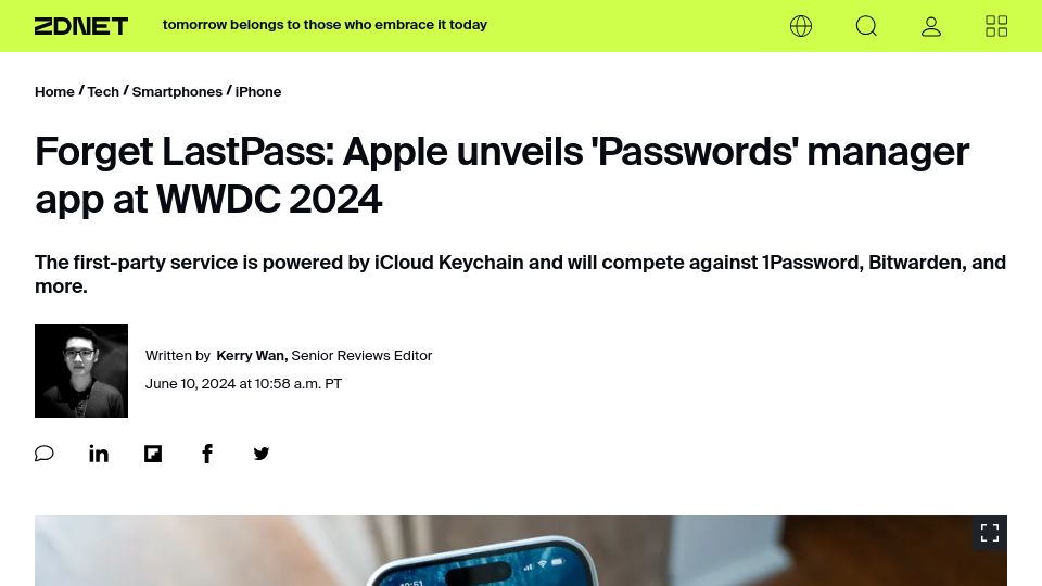 Screenshot of zdnet.com: Apple unveils 'Passwords' manager app at WWDC 2024