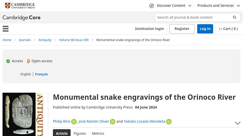 Screenshot of cambridge.org: Monumental snake engravings of the Orinoco River