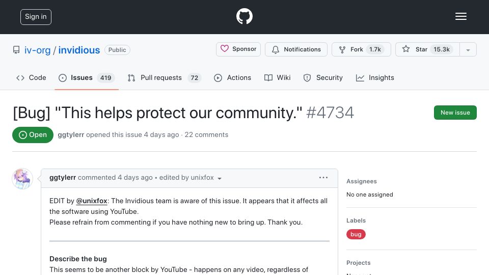 Screenshot of github.com: Google has been blocking Invidious with error "This helps protect our community"