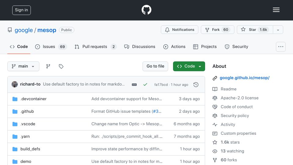 Screenshot of github.com: Google Mesop: Build web apps in Python