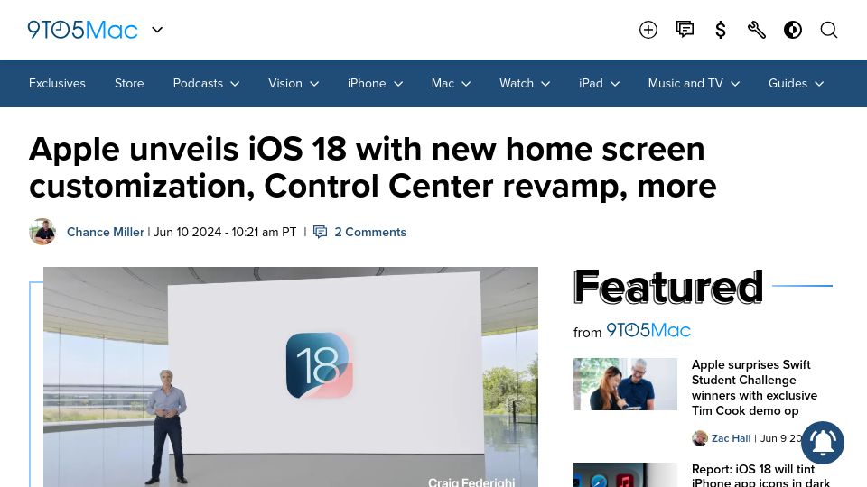 Screenshot of 9to5mac.com: Apple unveils iOS 18 with new home screen & Control Center
