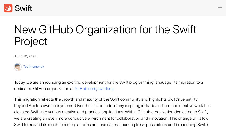 Screenshot of swift.org: New GitHub Organization for the Swift Project