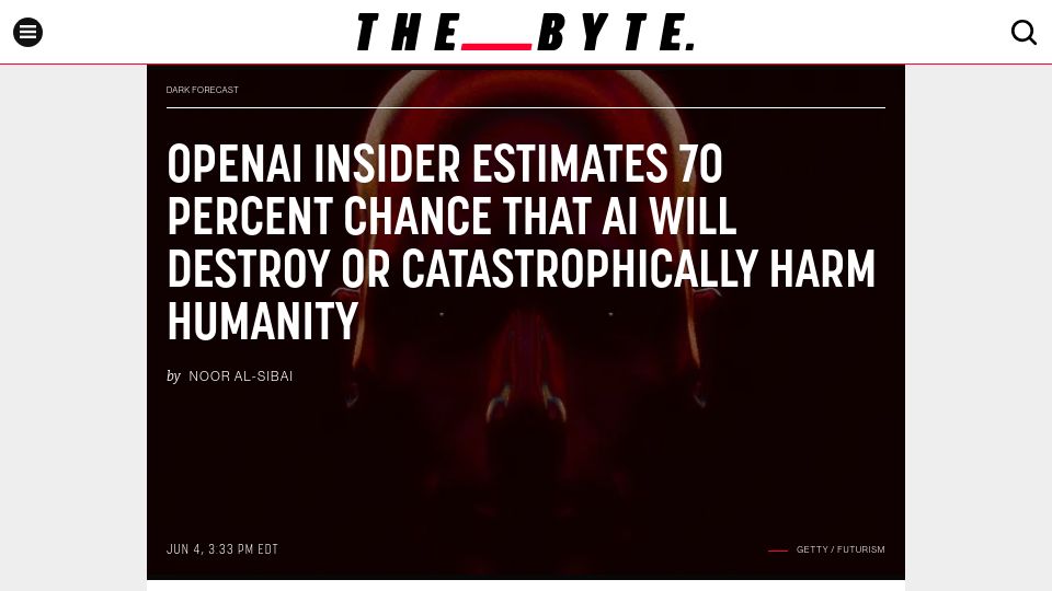 Screenshot of futurism.com: OpenAI Insider Estimates 70% Chance AI Will Destroy or Tragically Harm Humanity