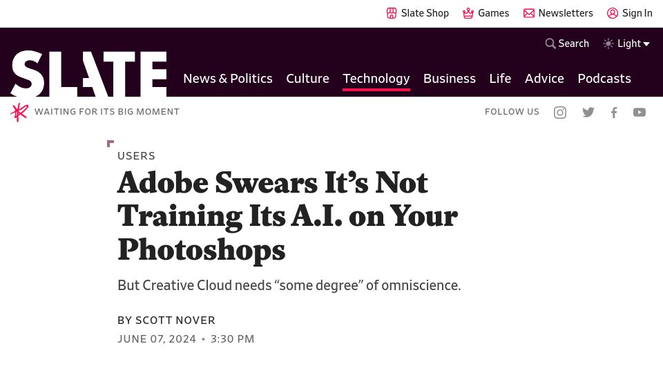Screenshot of slate.com: Adobe Swears It's Not Training Its A.I. On Your Photoshops