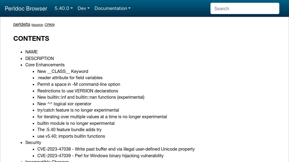 Screenshot of perldoc.perl.org: Perl v5.40.0 is now available