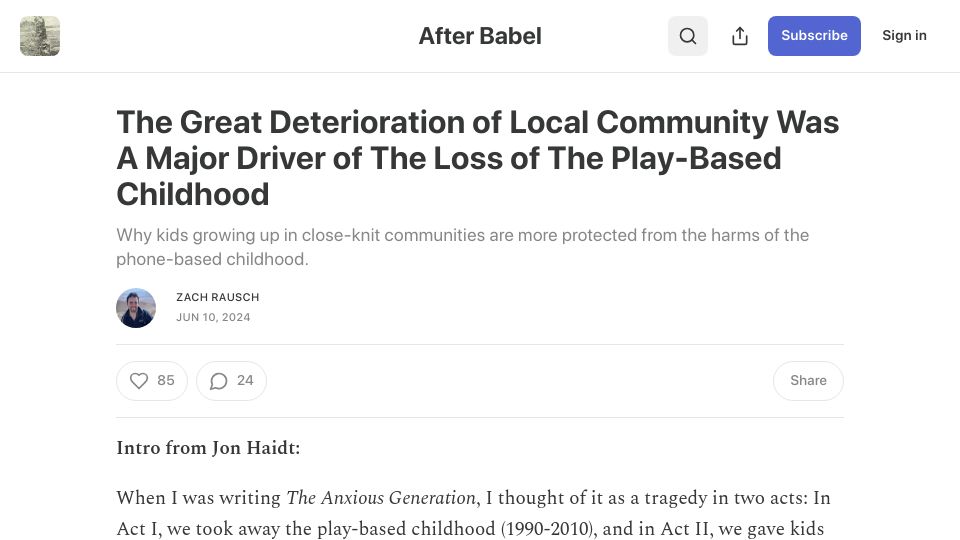 Screenshot of afterbabel.com: Deterioration of local community a major driver of loss of play-based childhood