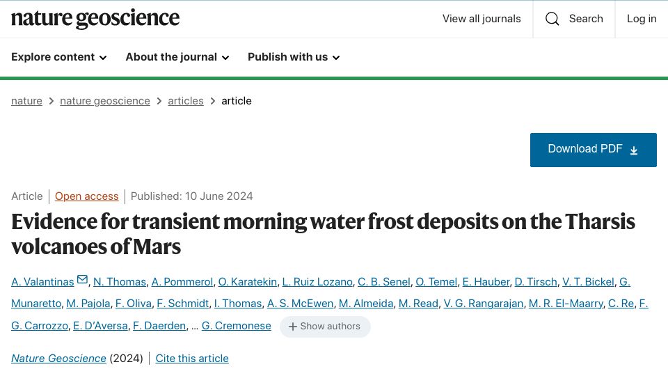 Screenshot of nature.com: Evidence for transient morning water frost on the Tharsis volcanoes of Mars