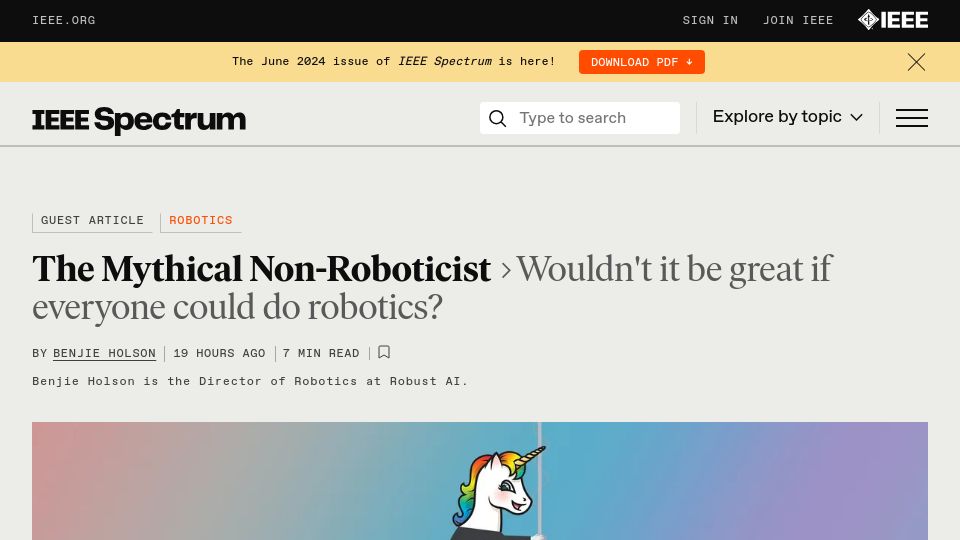 Screenshot of spectrum.ieee.org: The Mythical Non-Roboticist: Wouldn't it be great if everyone could do robotics?