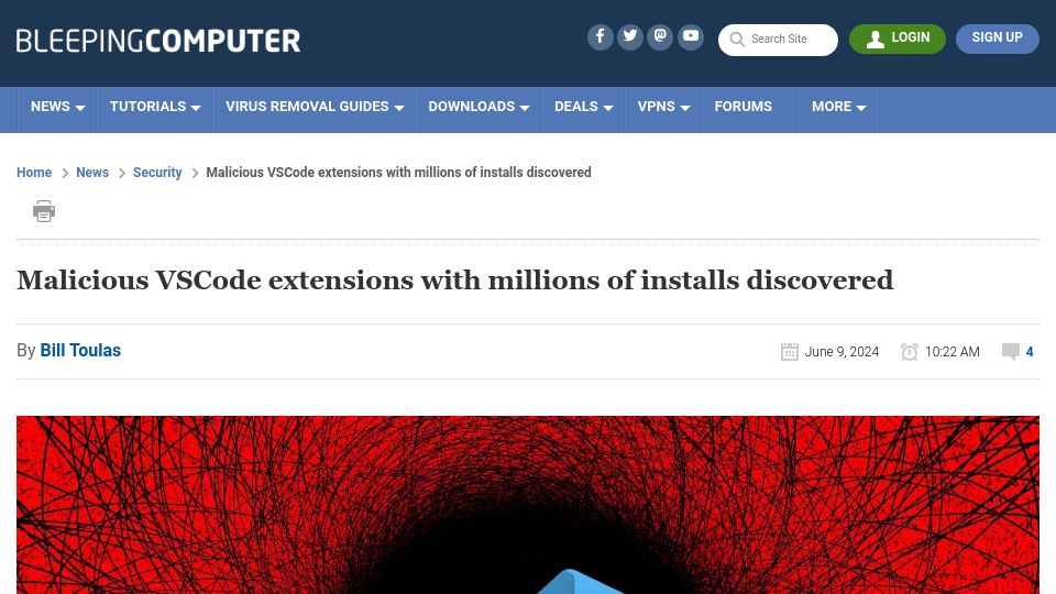 Screenshot of bleepingcomputer.com: Malicious VSCode extensions with installs discovered