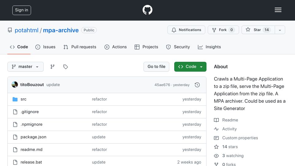 Screenshot of github.com: Show HN: Crawl a modern website to a zip, serve the website from the zip