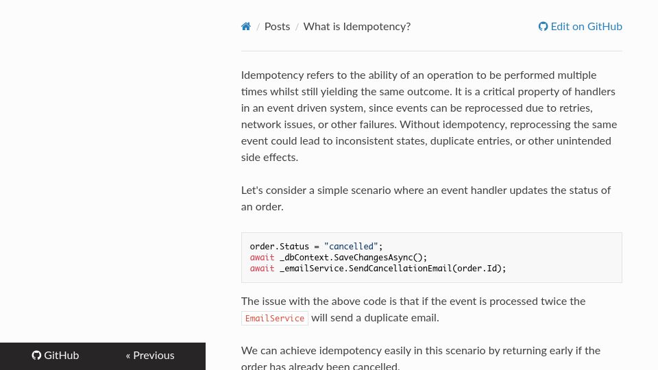 Screenshot of timmoth.github.io: Heard of Idempotency but unsure what it is?