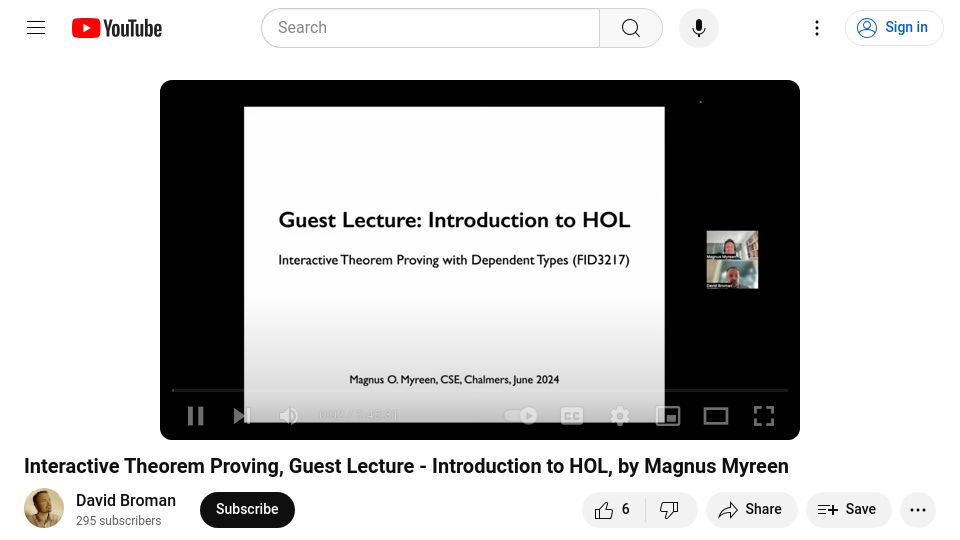Screenshot of youtube.com: Interactive Theorem Proving, Guest Lecture – Introduction to HOL [video]
