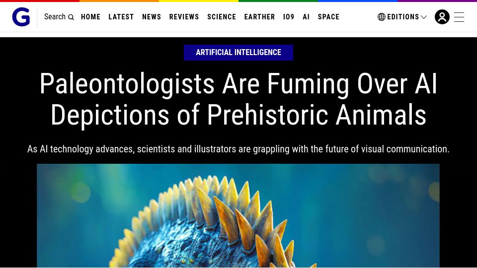 Screenshot of gizmodo.com: Paleontologists Are Fuming over AI Depictions of Prehistoric Animals