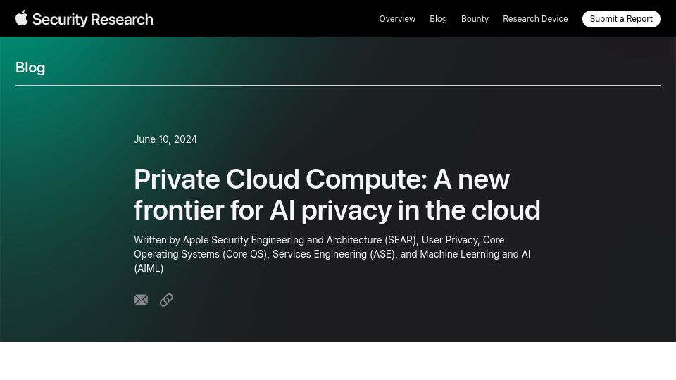 Screenshot of security.apple.com: Private Cloud Compute: A new frontier for AI privacy in the cloud
