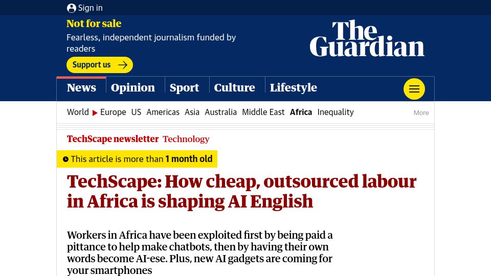 Screenshot of theguardian.com: Cheap, outsourced labour in Africa is shaping AI English