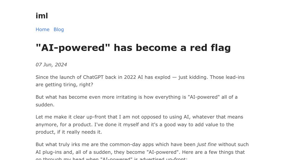 Screenshot of iml.bearblog.dev: "AI-powered" has become a red flag