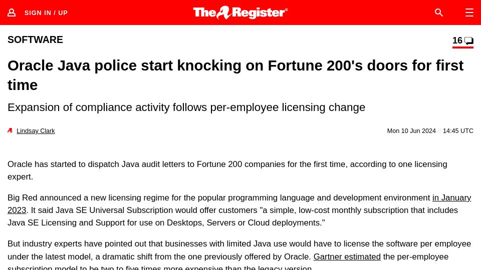 Screenshot of theregister.com: Oracle Java police start knocking on Fortune 200's doors for first time