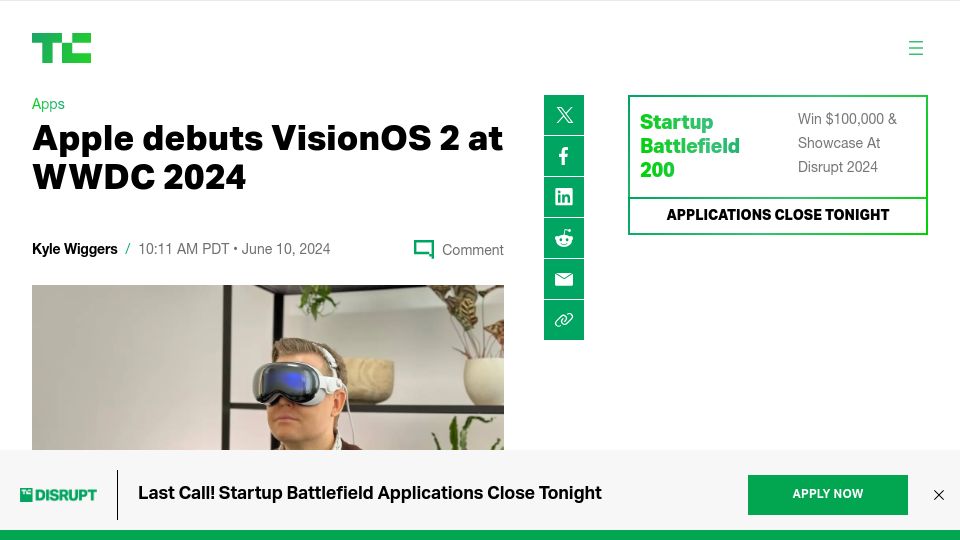 Screenshot of techcrunch.com: Apple Debuts VisionOS 2