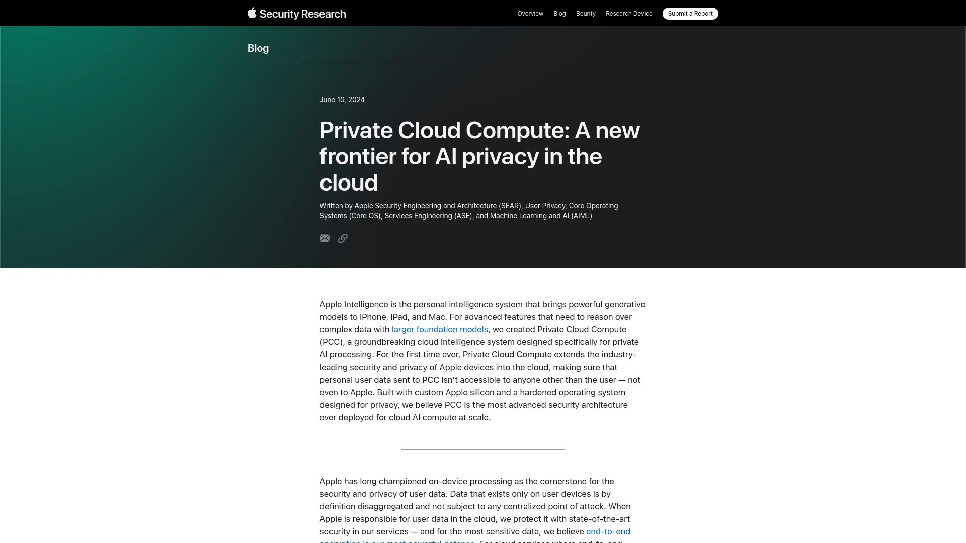 Screenshot of security.apple.com: Private Cloud Compute: A new frontier for AI privacy in the cloud