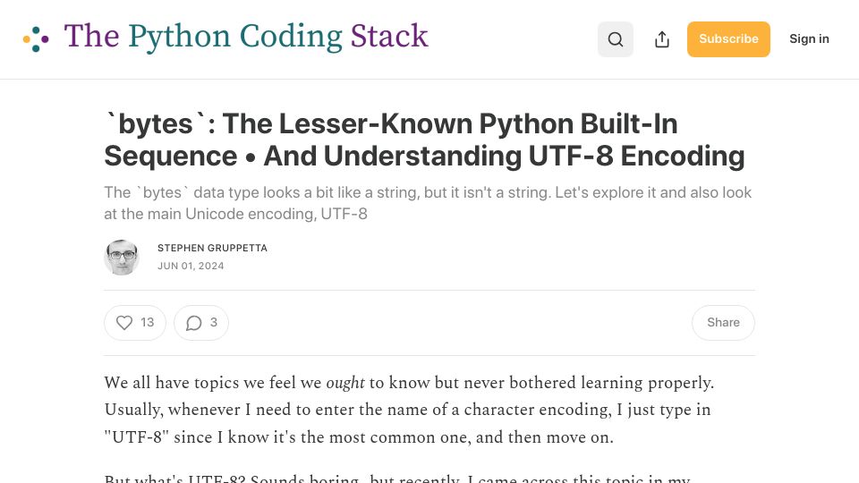 Screenshot of thepythoncodingstack.com: `Bytes`: The Lesser-Known Python Built-In Sequence