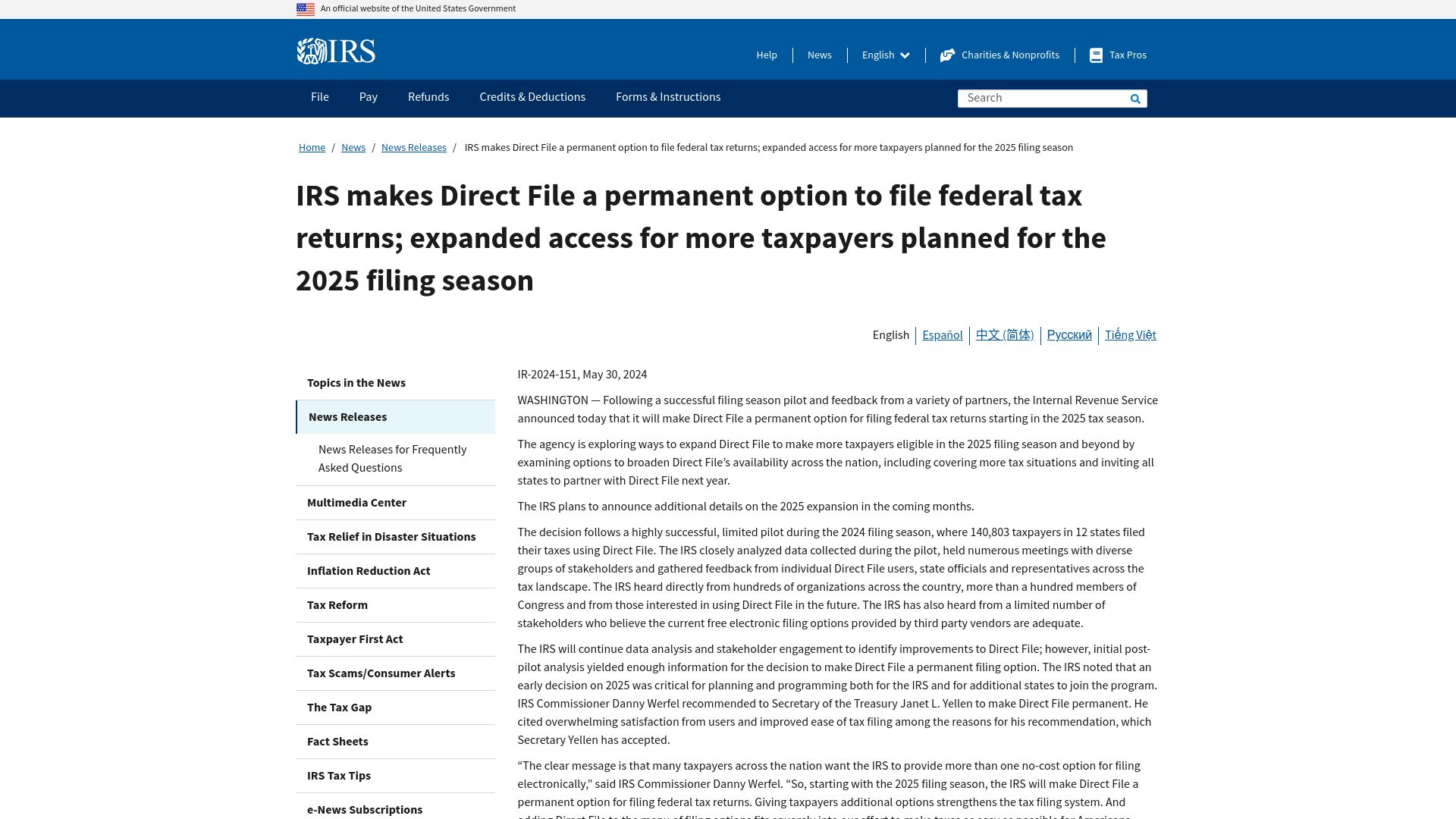 Screenshot of irs.gov: IRS makes Direct File a permanent option to file federal tax returns