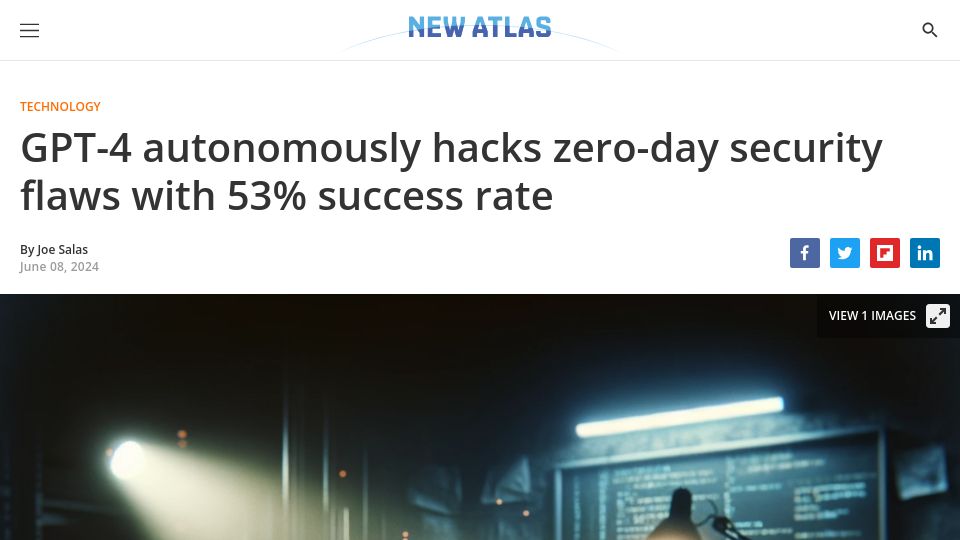 Screenshot of newatlas.com: GPT-4 autonomously hacks zero-day security flaws with 53% success rate