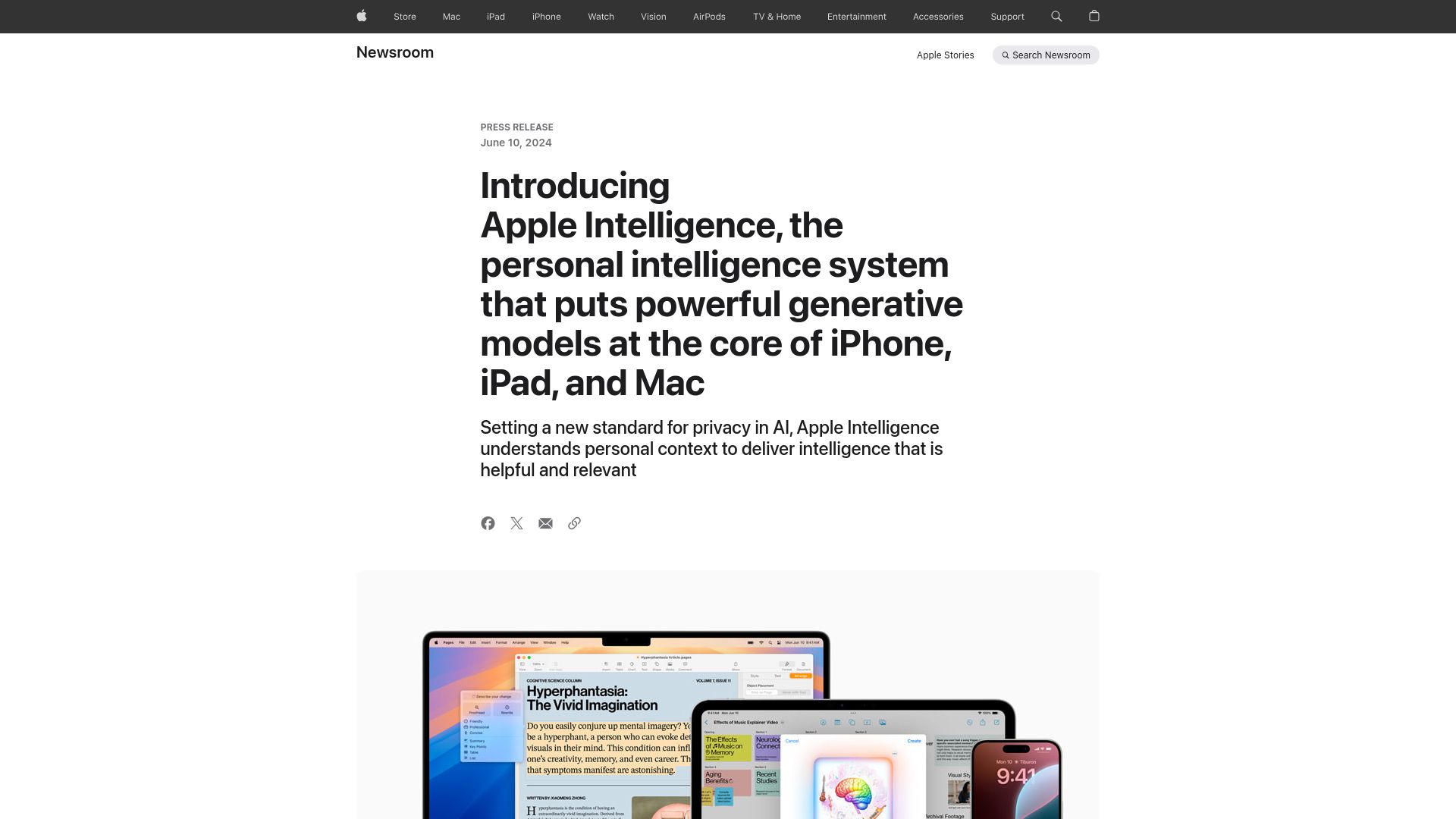 Screenshot of apple.com: Apple Intelligence for iPhone, iPad, and Mac