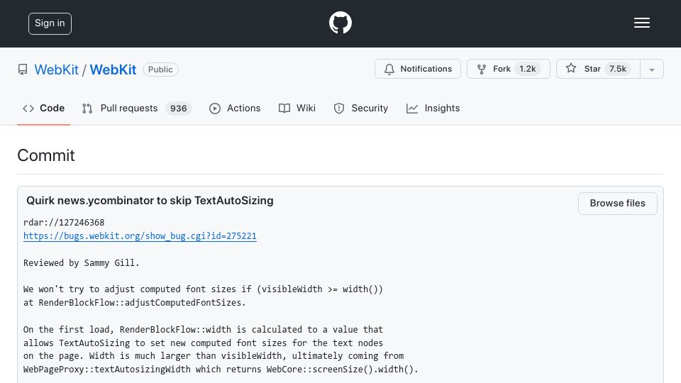 Screenshot of github.com: WebKit fix: Quirk news.ycombinator to skip TextAutoSizing
