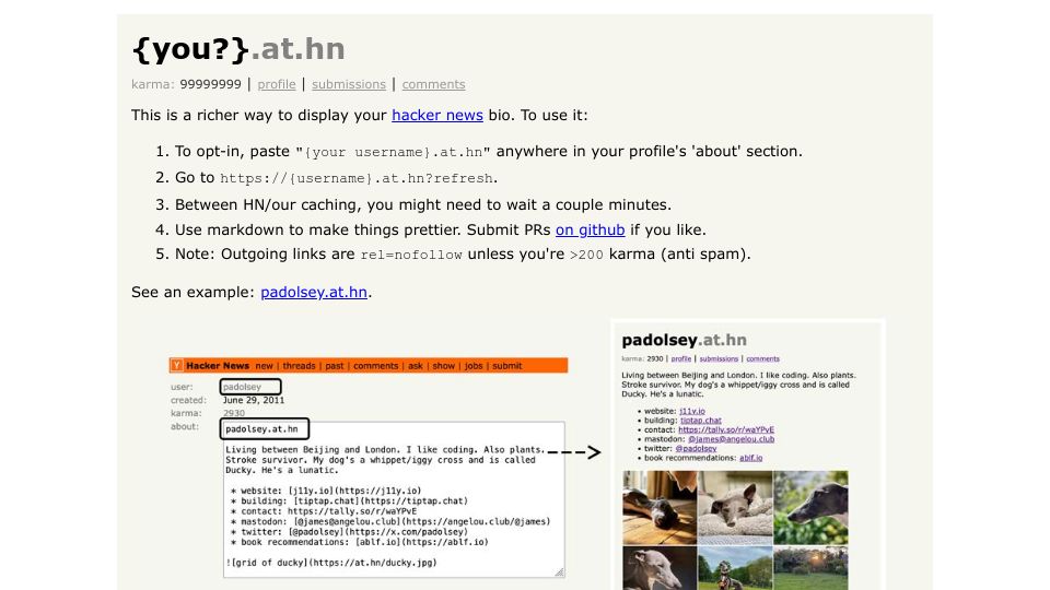 Screenshot of at.hn: Show HN: Markdown HN profiles at {user}.at.hn