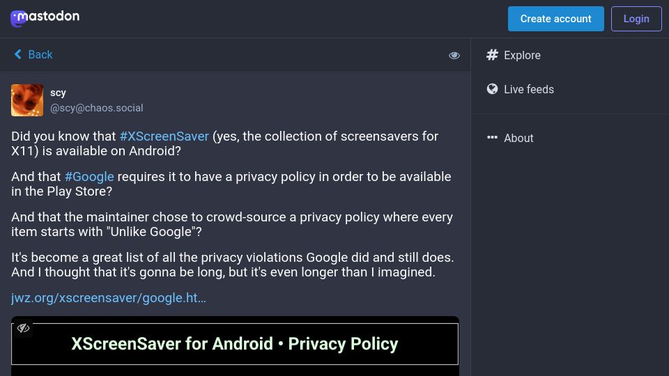 Screenshot of chaos.social: XScreenSaver is available on Android. Google requires a privacy policy
