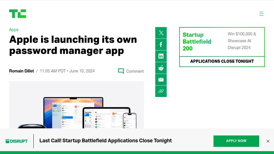 Screenshot of techcrunch.com: Apple is launching its own password manager app