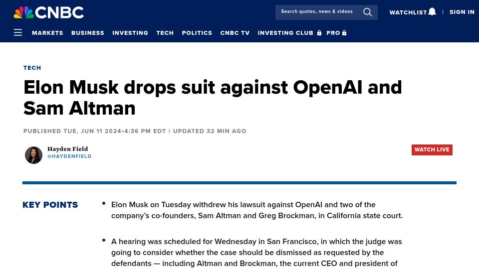 Screenshot of cnbc.com: Elon Musk drops suit against OpenAI and Sam Altman