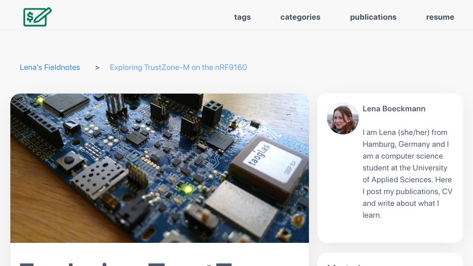 Screenshot of lenas-fieldnotes.de: Exploring TrustZone-M on the NRF9160