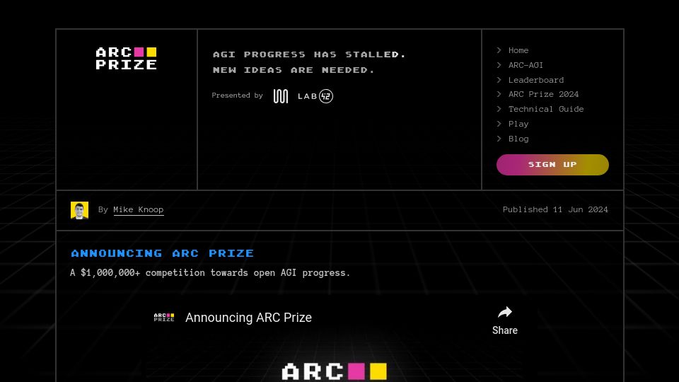 Screenshot of arcprize.org: ARC Prize – a $1M+ competition towards open AGI progress